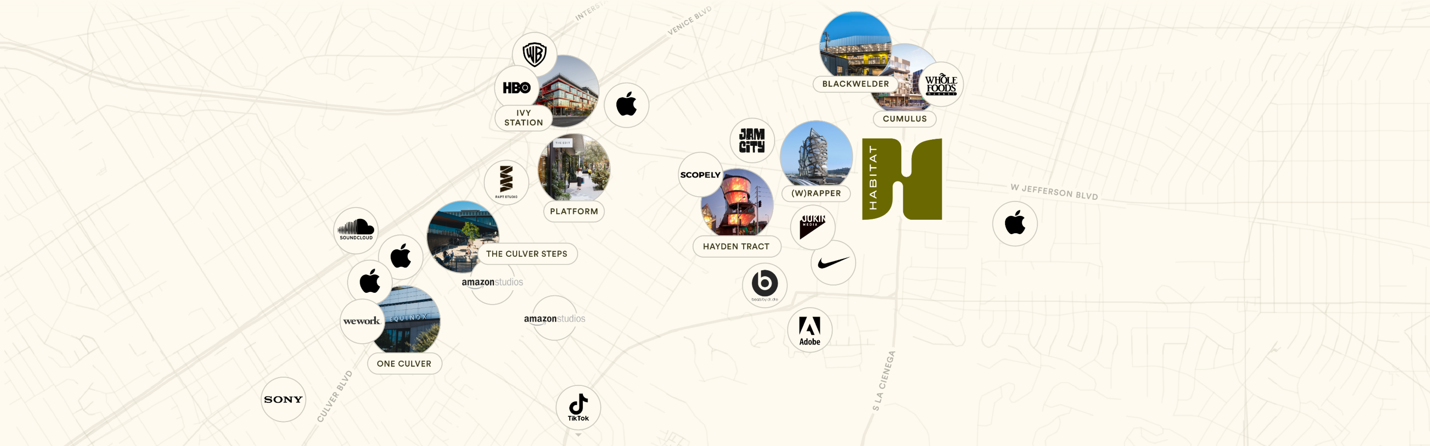 A map shows tech and entertainment companies and new developments filling Culver City abd Habitat's campus at the center