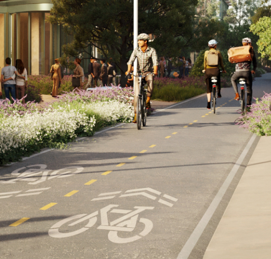 Habitat's inviting park setting along the expo line bikeway and light rail