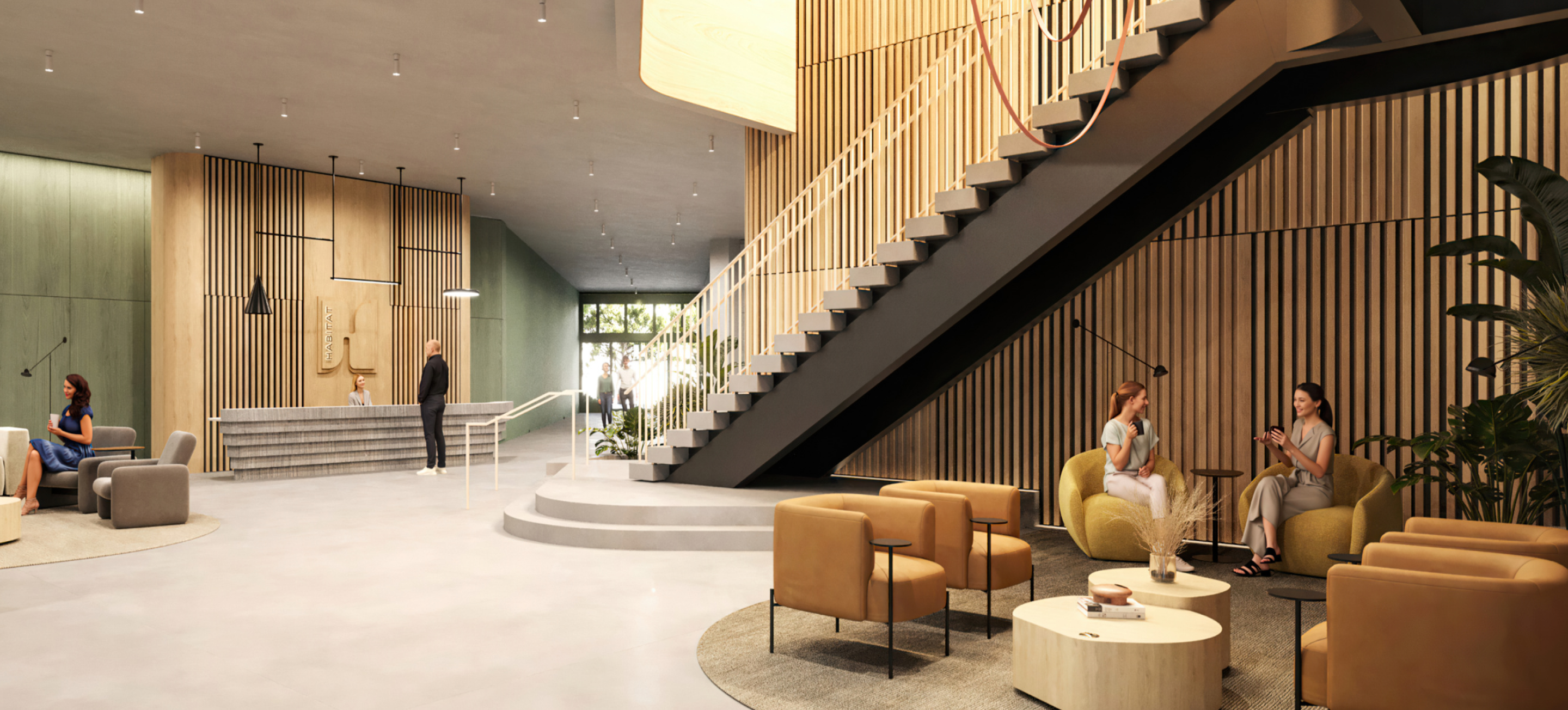 Habitat's large open lobby with wood details and an inviting staircase connecting to the second level Habitat's inviting park setting along the expo line bikeway and light rail