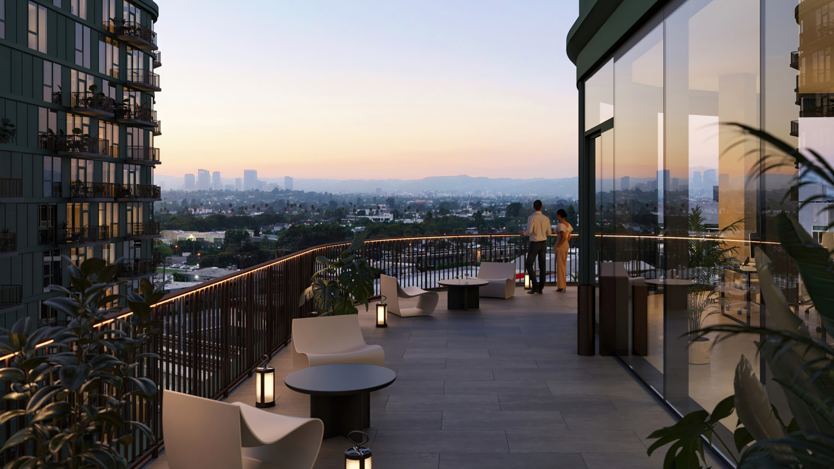 Habitat's private outdoor office terraces overlooking views of Downtown Los Angeles