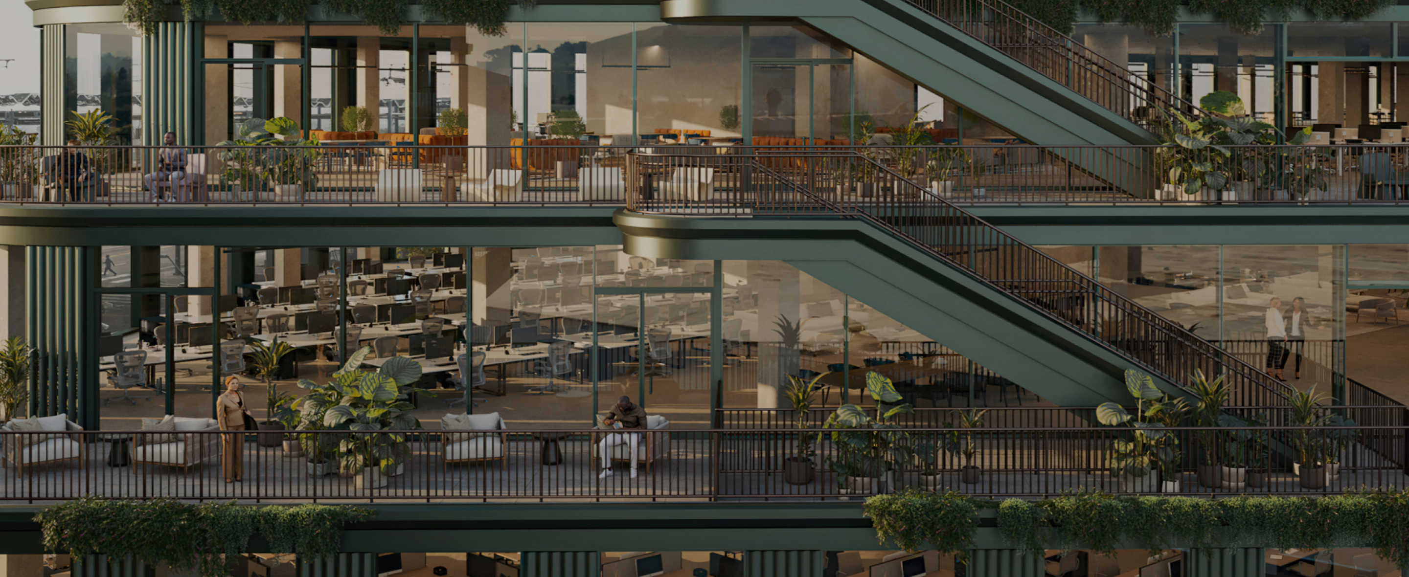 Habitat's lush interconnected campus dotted with shade trees, woven with walking trails, and overlooked by commercial offices